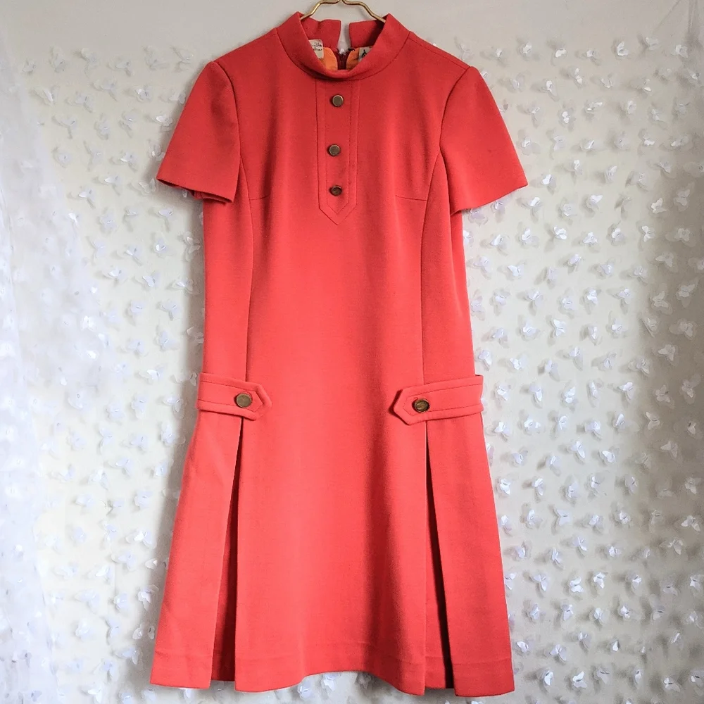 Vintage 1960s Lilli Ann Coral Mod Shift Dress S - Picture 1 of 7